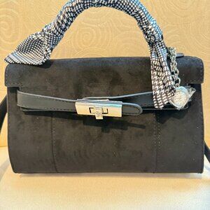 STEVE MADDEN BCHARITY SATCHEL CROSSBODY BAG SCARF WATCH CHARM BLACK FAUX SUEDE